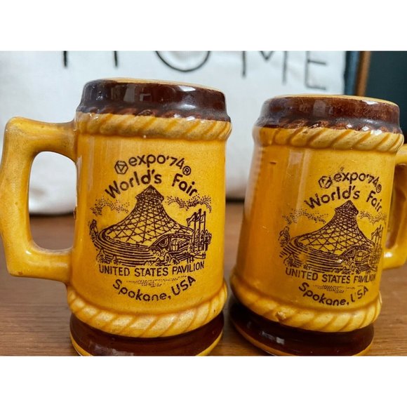 1974 World's Fair Spokane, USA Salt & Pepper Ceramic Mug Shaker Set, Japan - Picture 5 of 7